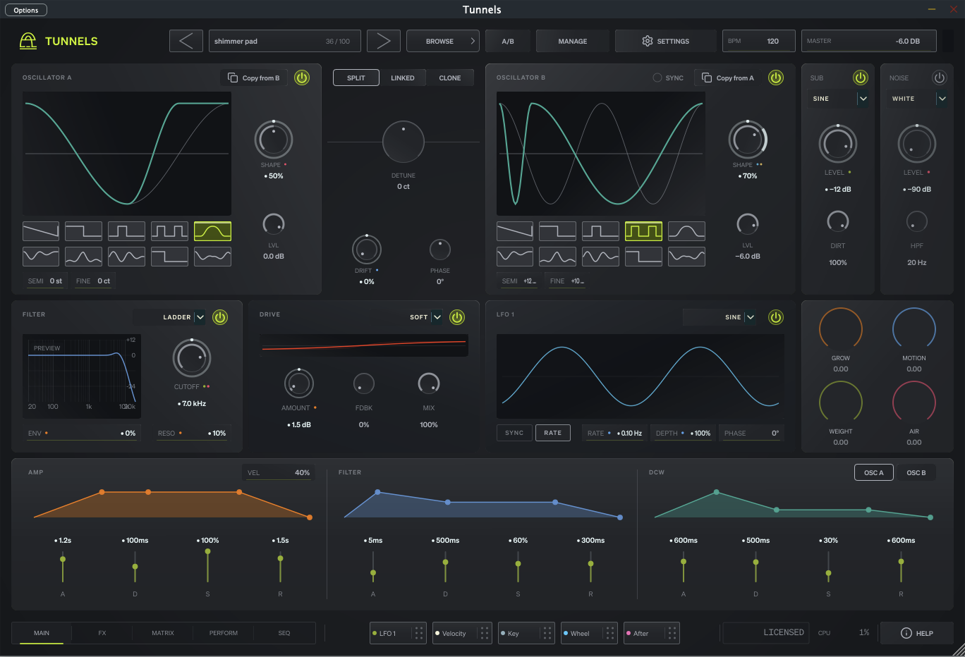 Tunnels main editor showing two phase-distortion oscillators, sub, noise, filter, drive, LFO, macro controls, and envelopes.