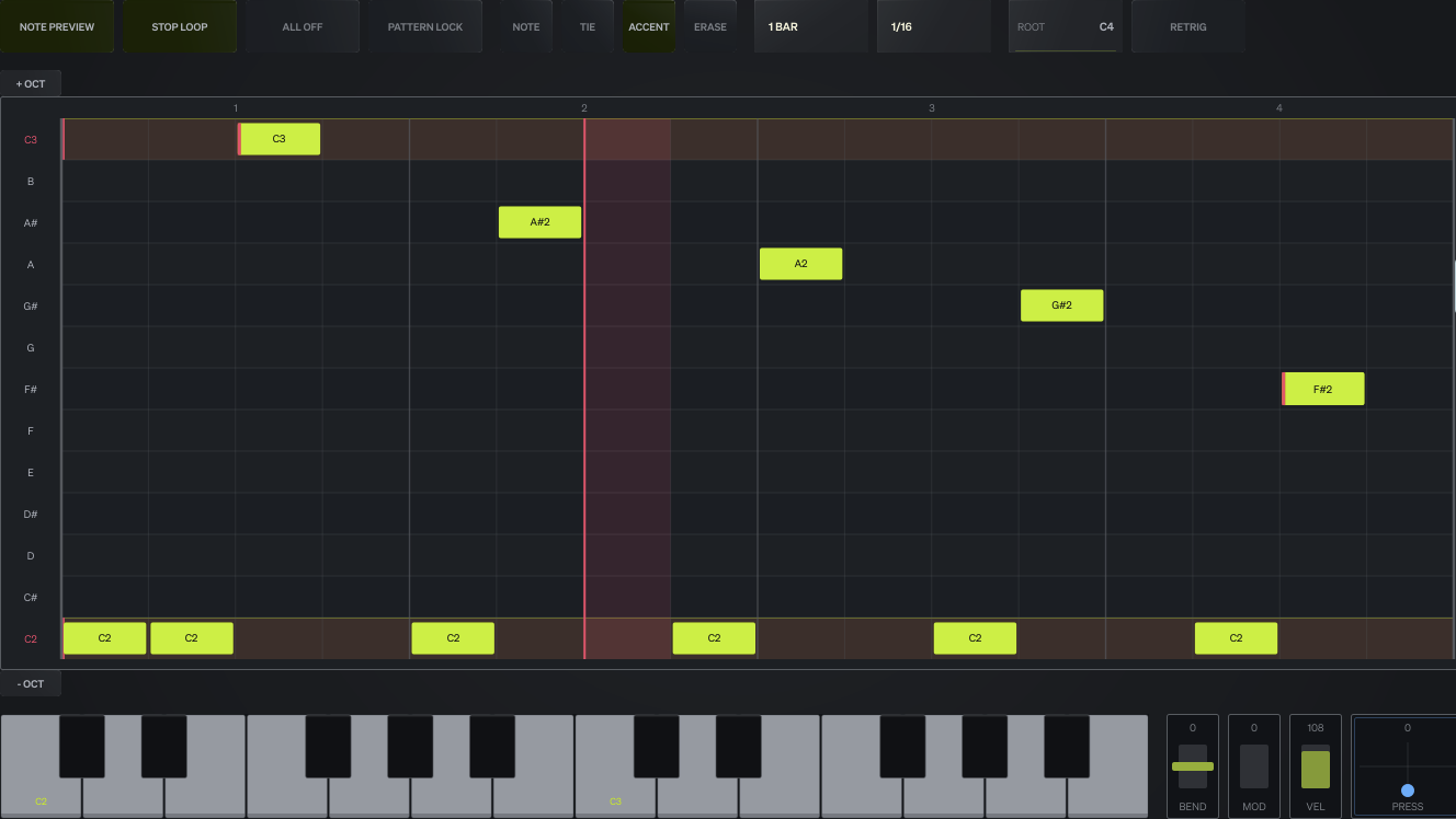Tunnels step sequencer showing a four-bar bass pattern with note lanes, accent editing, a keyboard, and performance controls.
