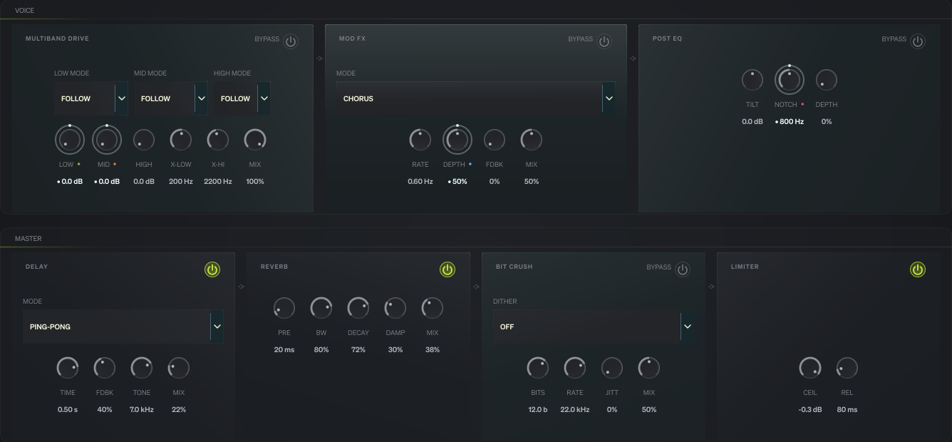 Tunnels effects page showing multiband drive, modulation effects, post EQ, delay, reverb, bit crush, and limiter modules.